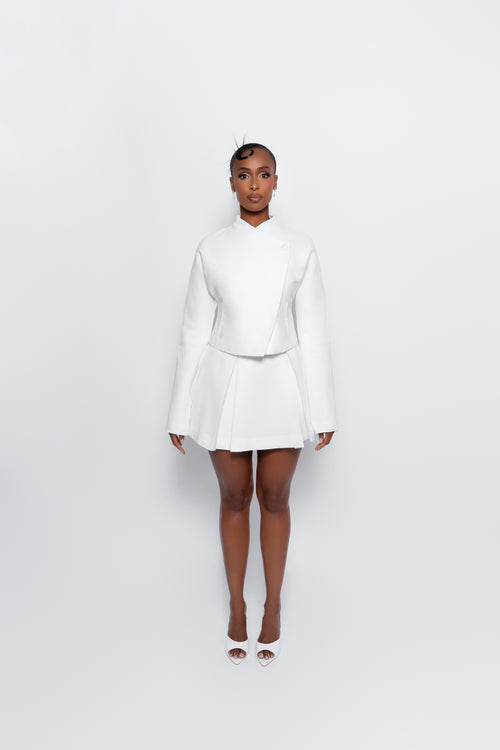 Hikarei White Wrap Blazer | Cropped Structured Blazer