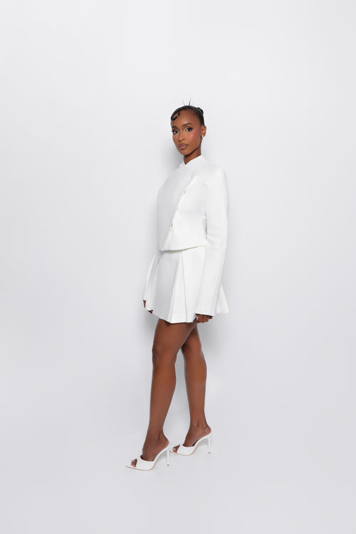 The Hikarei Co-ord | White Wrap Blazer & Pleated Mini Skirt Set